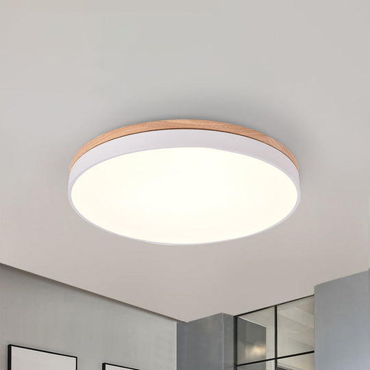 Modern Wooden LED Ceiling Lamp - Wide White Round Flush Mount - Single Light for Living Room