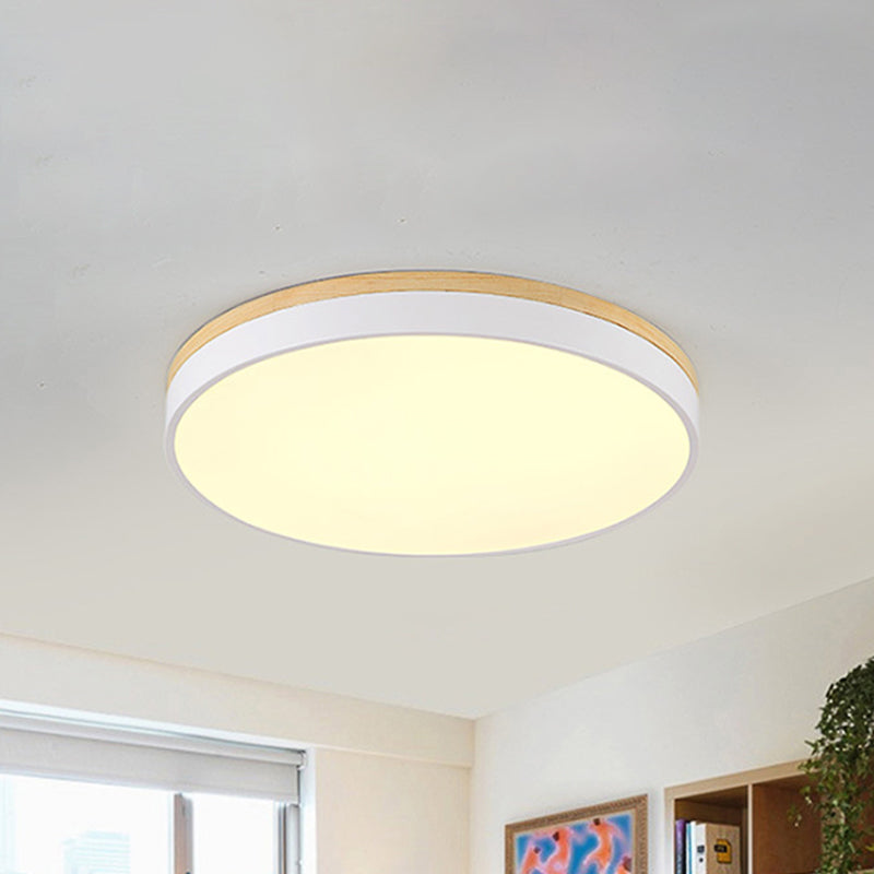 Modern Wooden LED Ceiling Lamp - Wide White Round Flush Mount - Single Light for Living Room