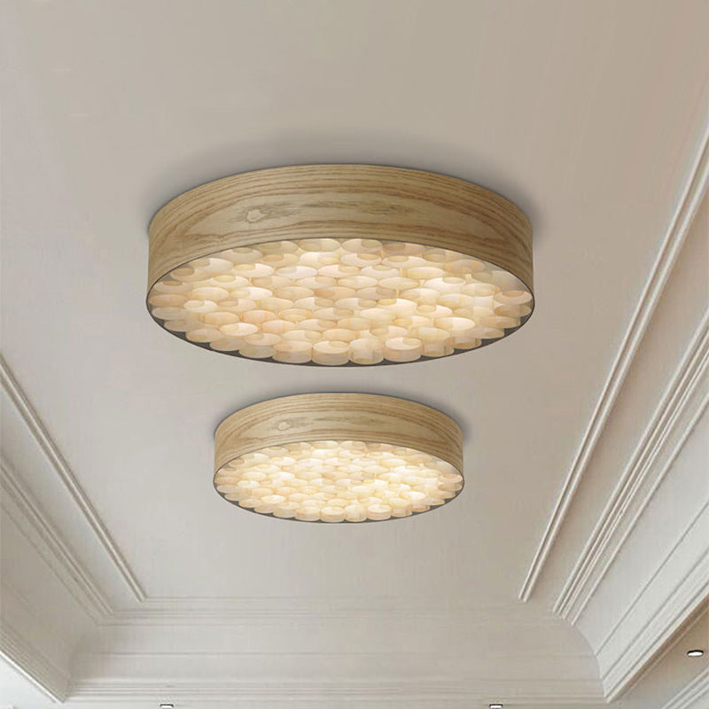 Chinese Wood Shade Beige Ceiling Lamp: Contemporary Single Light Flush Mount Fixture for Living Room