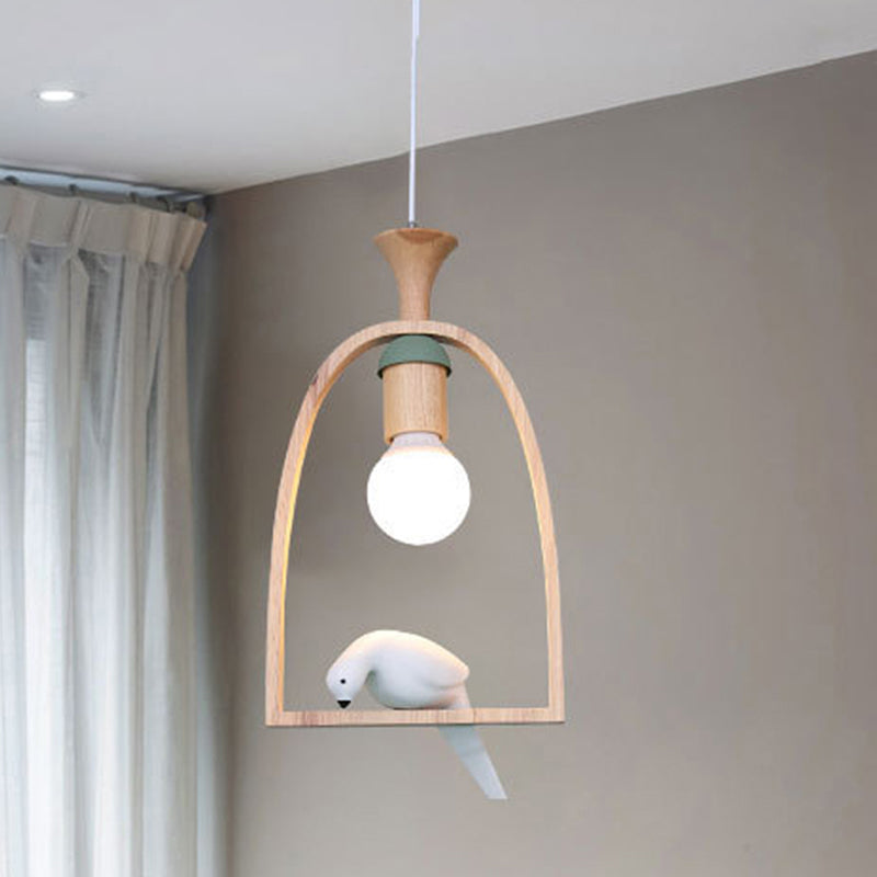 Rustic Wood Bird Cage Pendant Light With Pigeon Cafe - 1 Head Lamp