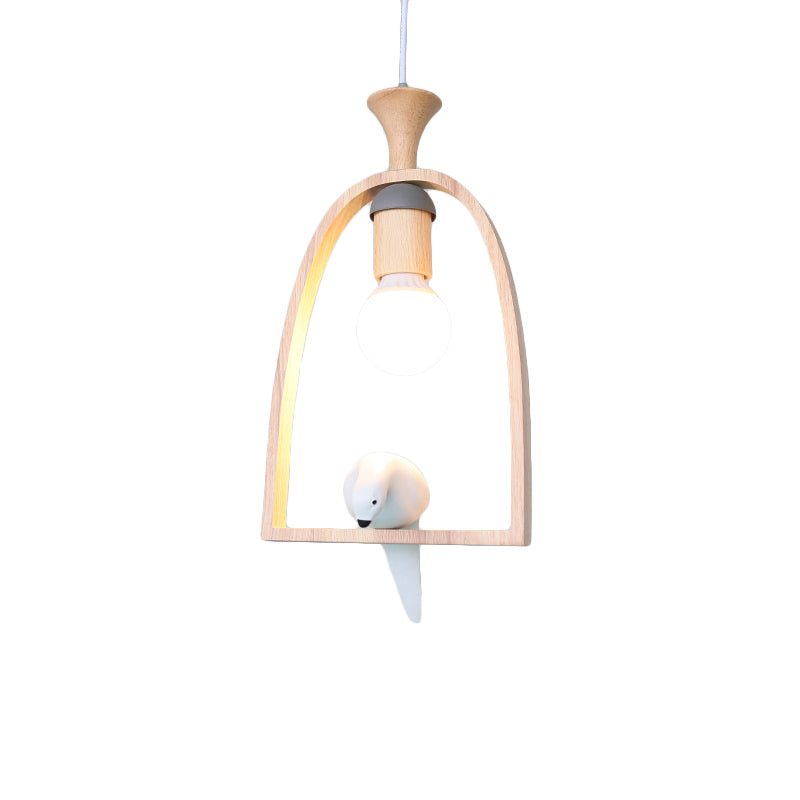 Rustic Wood Bird Cage Pendant Light With Pigeon Cafe - 1 Head Lamp