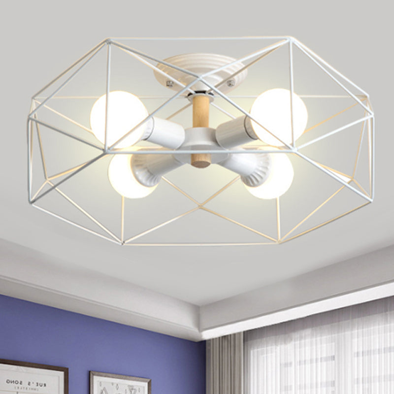 Contemporary Geometric Semi Flush Mount Light With Wire-Cage Shade - 3/4/5 Options