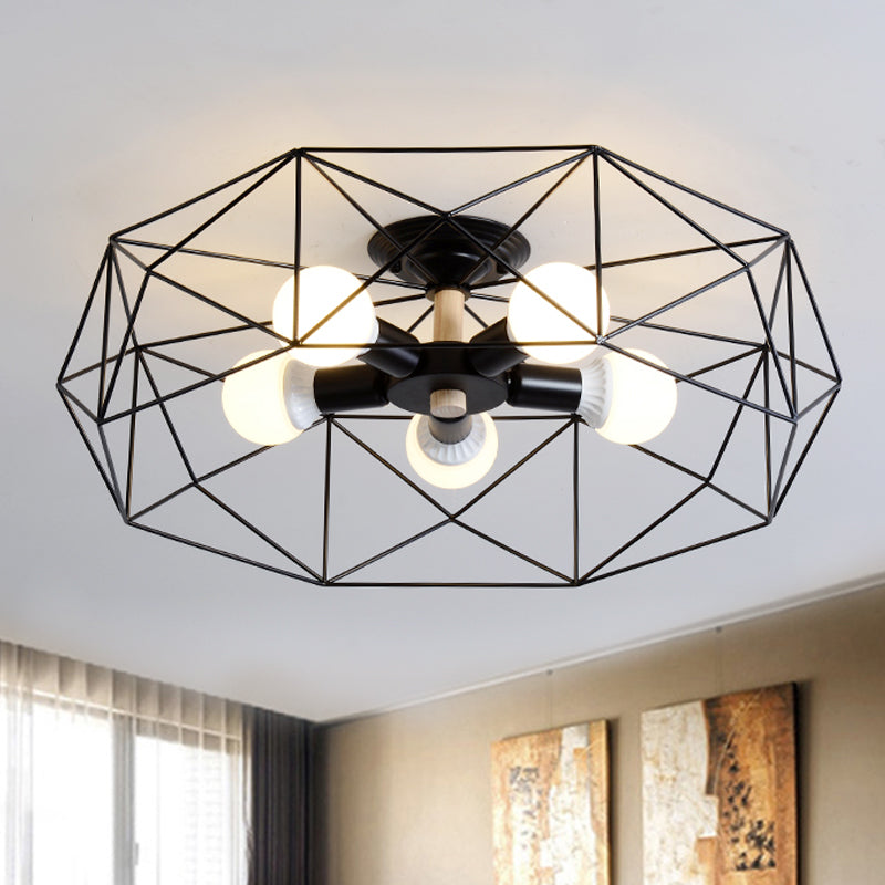 Contemporary Geometric Semi Flush Mount Light With Wire-Cage Shade - 3/4/5 Options