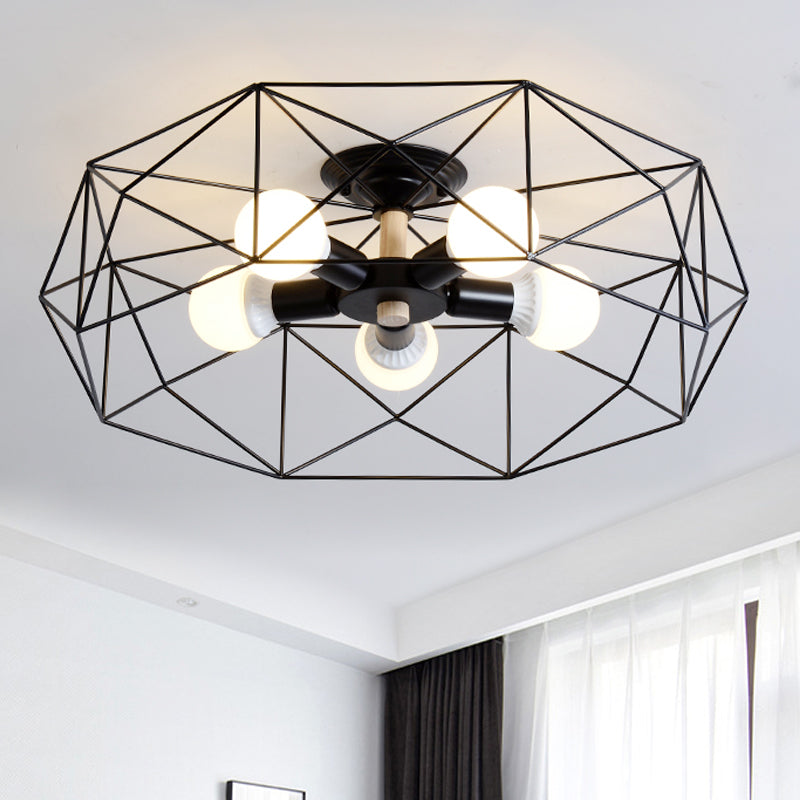 Contemporary Geometric Semi Flush Mount Light With Wire-Cage Shade - 3/4/5 Options