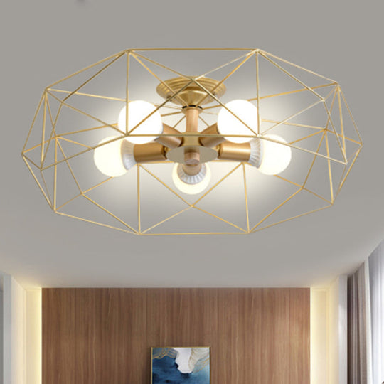 Contemporary Geometric Semi Flush Mount Light With Wire-Cage Shade - 3/4/5 Options