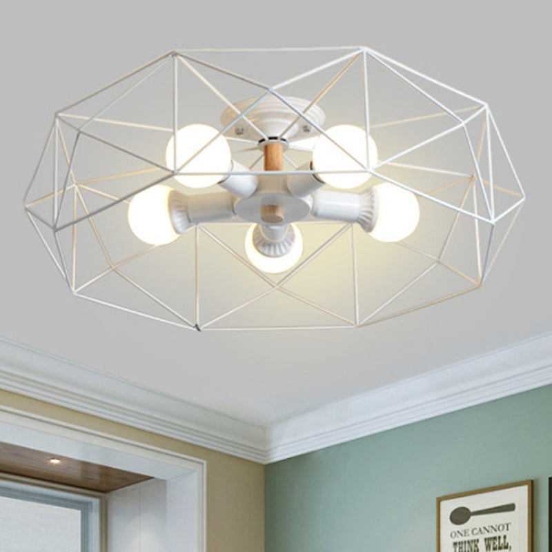 Contemporary Geometric Semi Flush Mount Light With Wire-Cage Shade - 3/4/5 Options