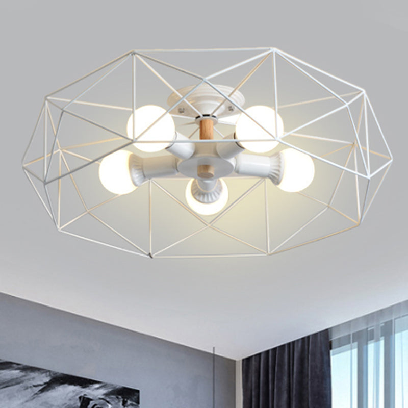 Contemporary Geometric Semi Flush Mount Light With Wire-Cage Shade - 3/4/5 Options