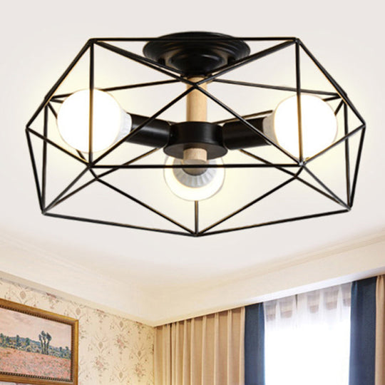 Contemporary Geometric Semi Flush Mount Light With Wire-Cage Shade - 3/4/5 Options