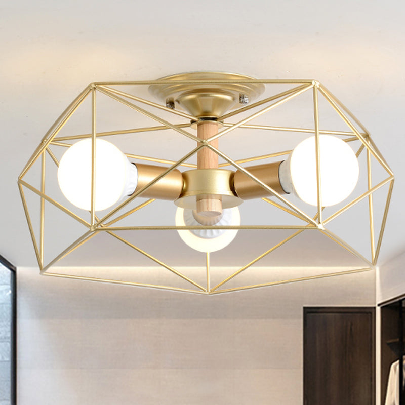 Contemporary Geometric Semi Flush Mount Light With Wire-Cage Shade - 3/4/5 Options