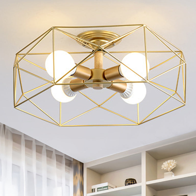 Contemporary Geometric Semi Flush Mount Light With Wire-Cage Shade - 3/4/5 Options