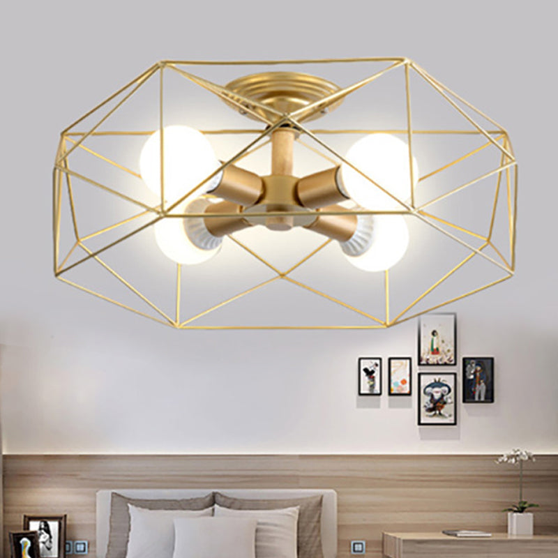 Contemporary Geometric Semi Flush Mount Light With Wire-Cage Shade - 3/4/5 Options