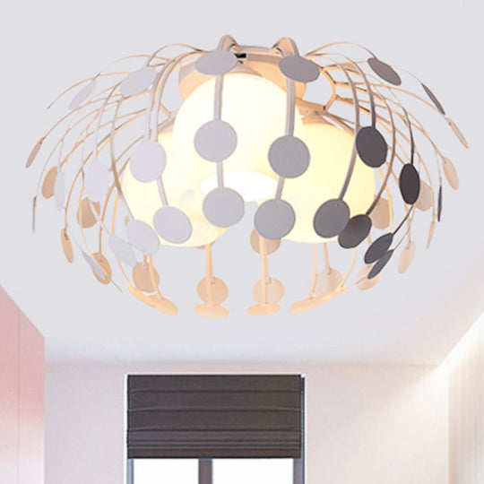 Modern Oval Metal Semi Flush Mount Lamp with Milk Glass Globe Shade - 3 Lights, White/Black