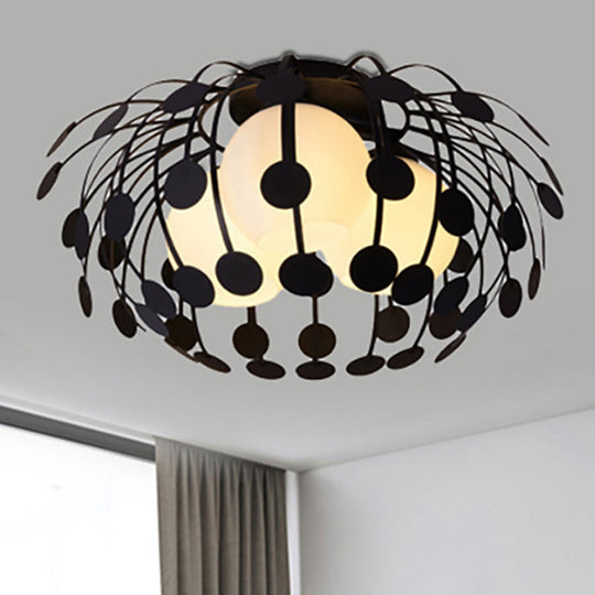 Modern Oval Metal Semi Flush Mount Lamp with Milk Glass Globe Shade - 3 Lights, White/Black