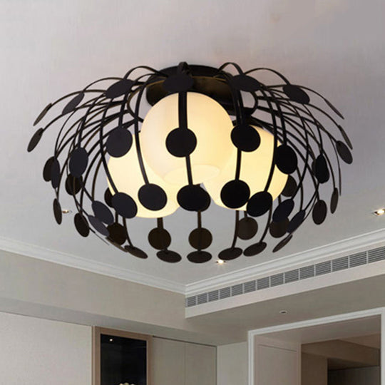 Modern Oval Metal Semi Flush Mount Lamp with Milk Glass Globe Shade - 3 Lights, White/Black