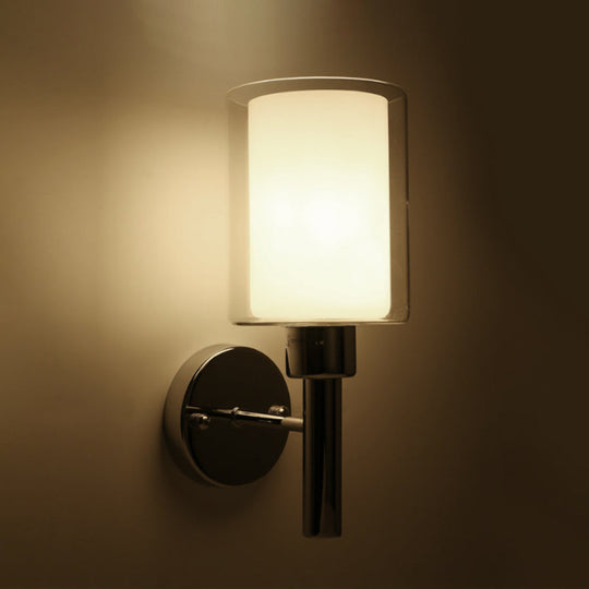 Modern Chrome Cylinder Wall Light With Clear Glass And Inner White Shade