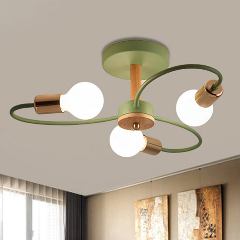 Contemporary Sputnik Semi Flush Lamp With Curved Arm - 3/6/8 Lights Grey/Green Metal Finish