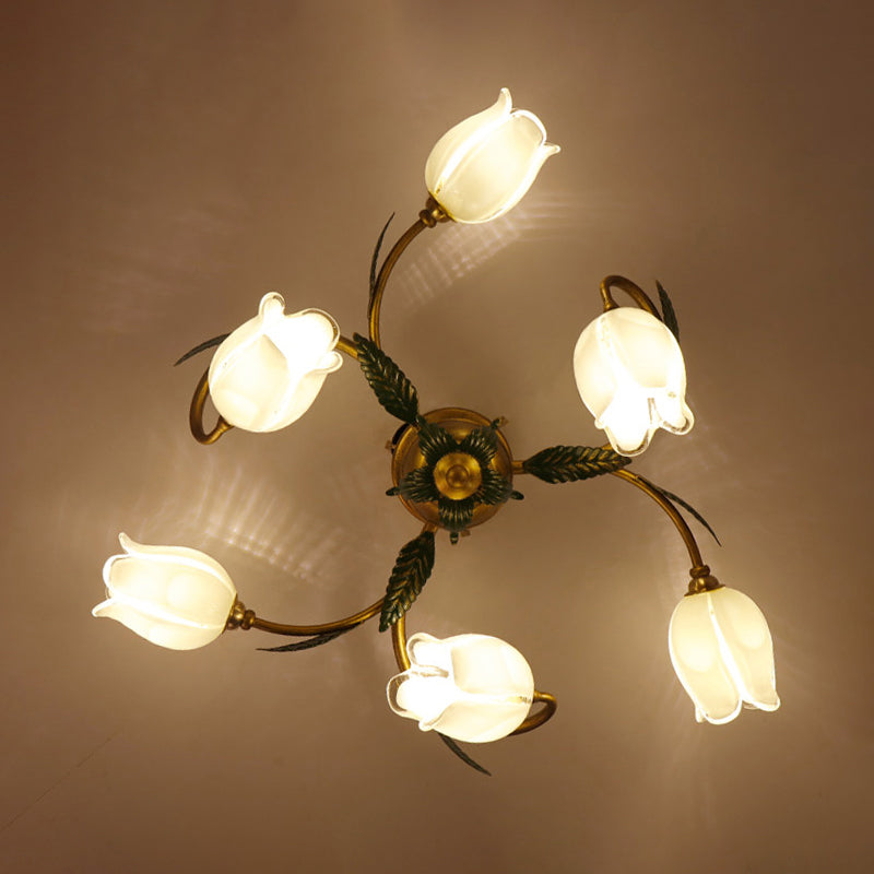 Pastoral Style White Glass Blossom Ceiling Light - Semi Flush Mount Lamp in Brass for Bedroom