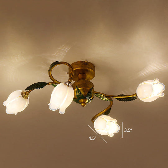 Pastoral Style White Glass Blossom Ceiling Light - Semi Flush Mount Lamp in Brass for Bedroom