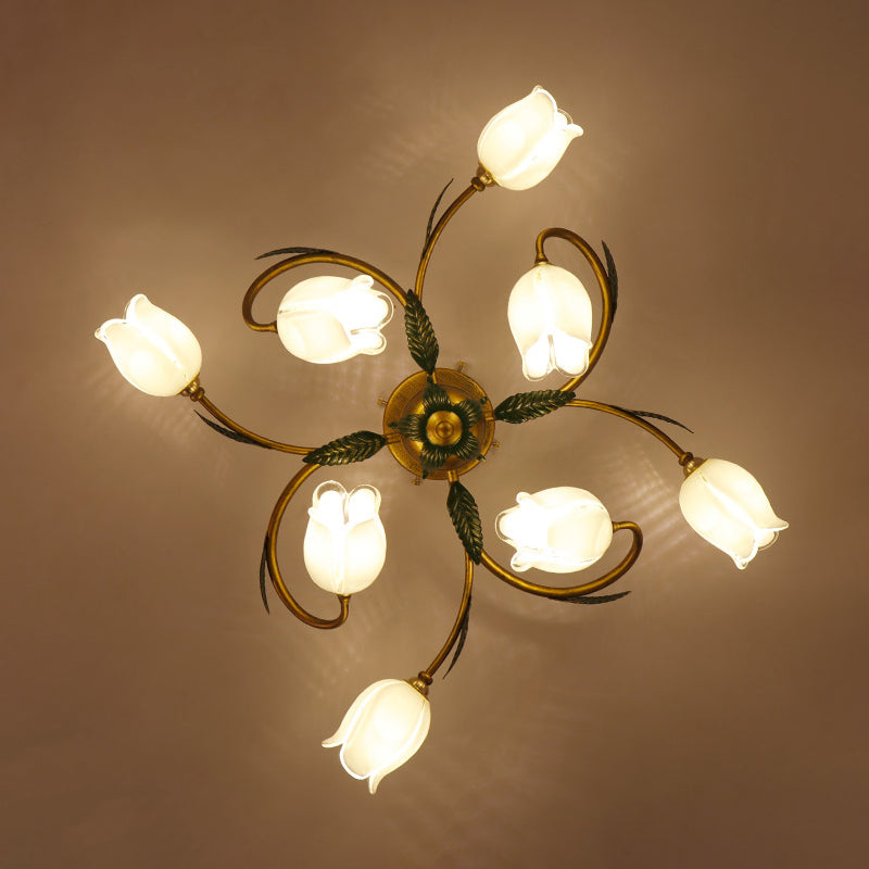 Pastoral Style White Glass Blossom Ceiling Light - Semi Flush Mount Lamp in Brass for Bedroom