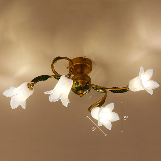 Pastoral Style White Glass Blossom Ceiling Light - Semi Flush Mount Lamp in Brass for Bedroom