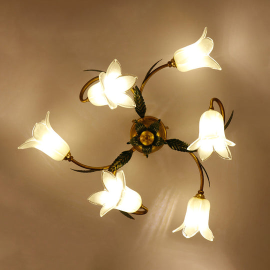 Pastoral Style White Glass Blossom Ceiling Light - Semi Flush Mount Lamp in Brass for Bedroom