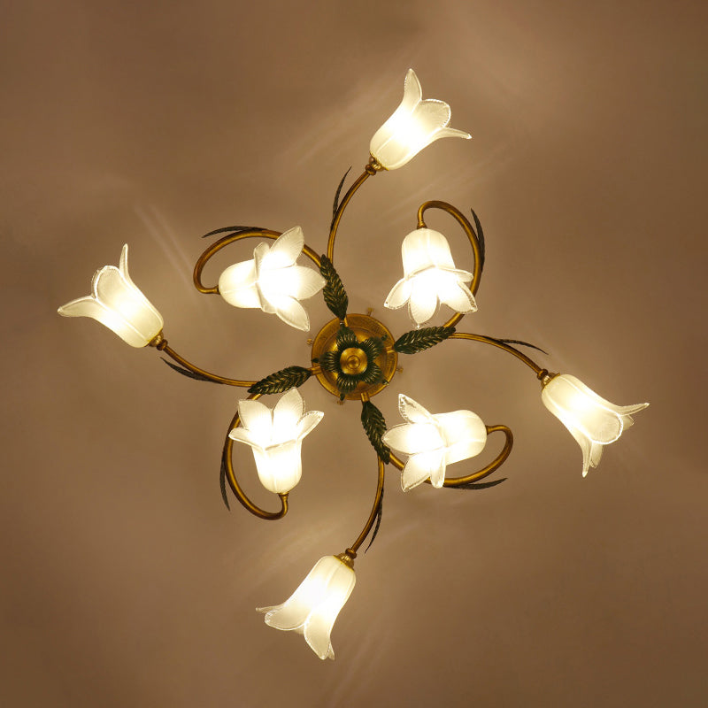 Pastoral Style White Glass Blossom Ceiling Light - Semi Flush Mount Lamp in Brass for Bedroom