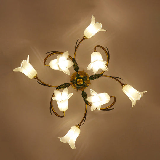 Pastoral Style White Glass Blossom Ceiling Light - Semi Flush Mount Lamp in Brass for Bedroom