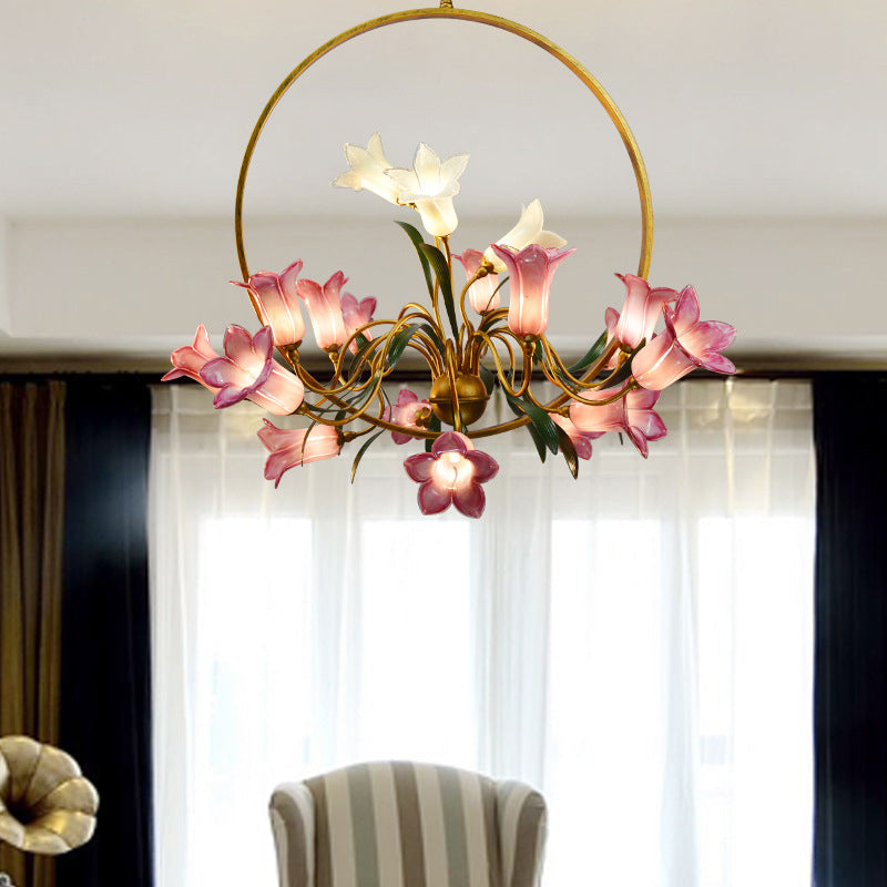 Rustic Hand-Blown Glass Lily Flower Chandelier For Living Room With Metal Ring Pink