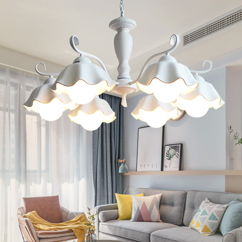 Korean Ceramic Chandelier: 6-Light Ruffle Hanging Lamp For Living Room White