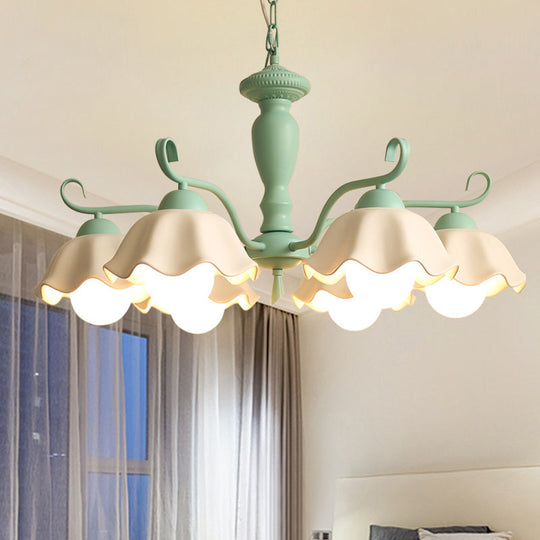 Korean Ceramic Chandelier: 6-Light Ruffle Hanging Lamp For Living Room Green