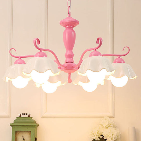 Korean Ceramic Chandelier: 6-Light Ruffle Hanging Lamp For Living Room Pink