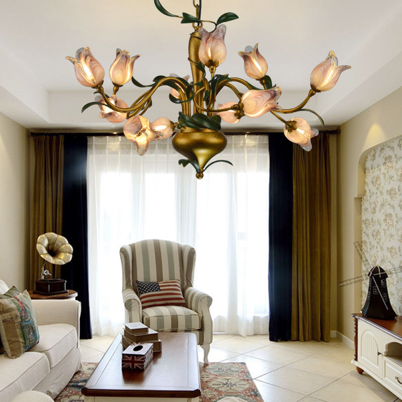 Hand-Worked Glass Tulip Chandelier: 12-Light American Flower Ceiling Light For Living Room