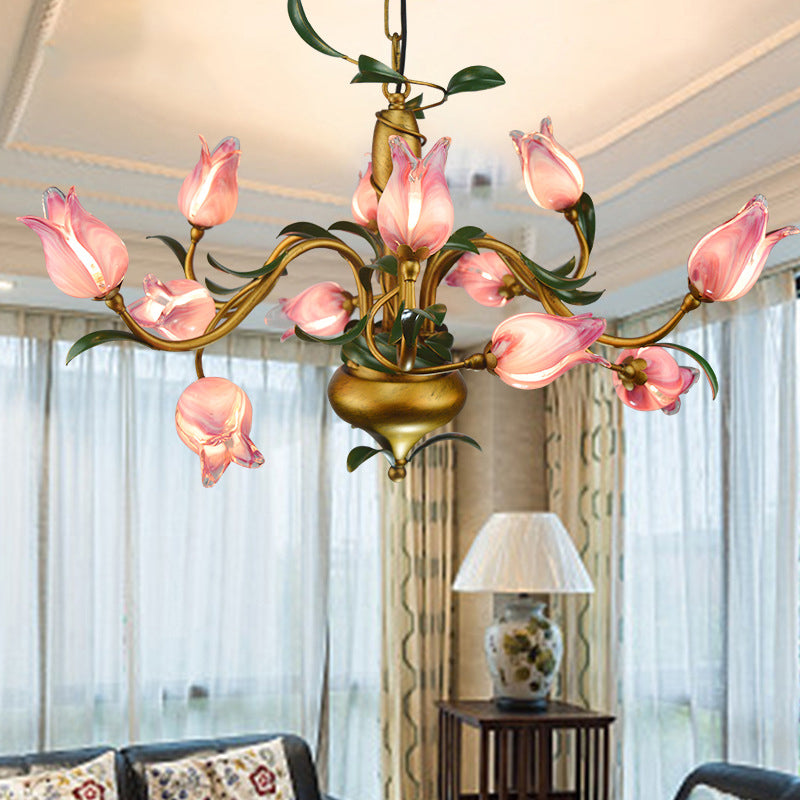 Hand-Worked Glass Tulip Chandelier: 12-Light American Flower Ceiling Light For Living Room