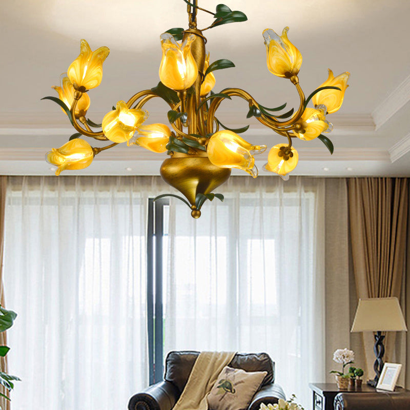 Hand-Worked Glass Tulip Chandelier: 12-Light American Flower Ceiling Light For Living Room