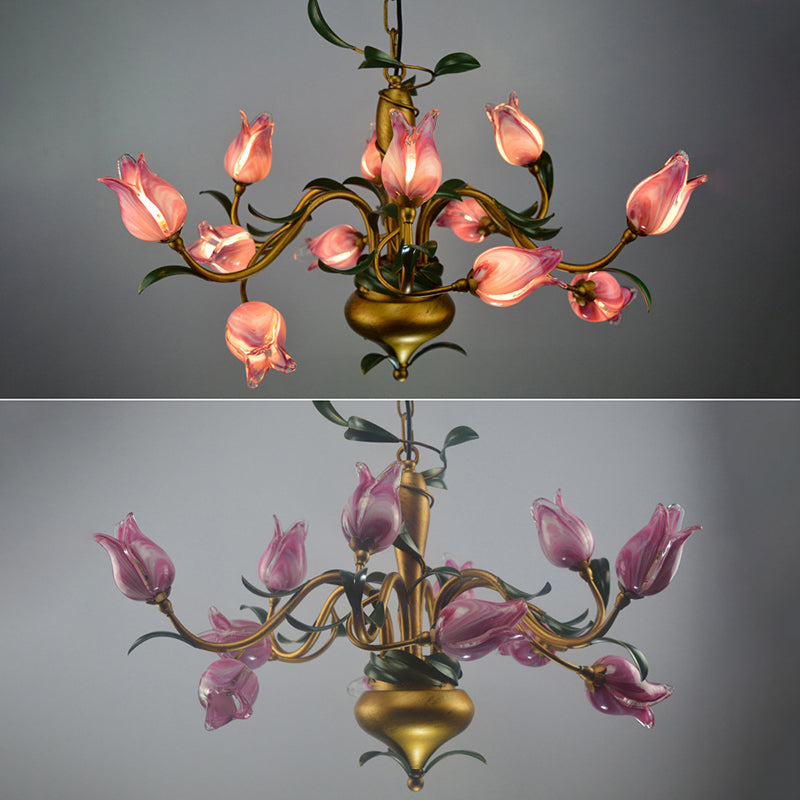 Hand-Worked Glass Tulip Chandelier: 12-Light American Flower Ceiling Light For Living Room Pink