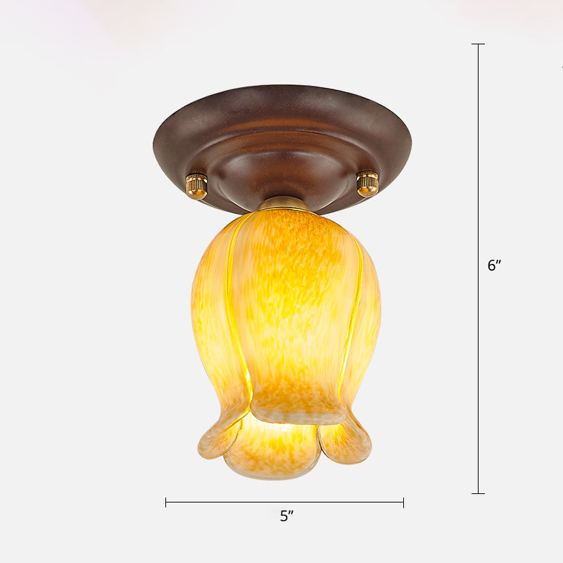 Pastoral Glass Ceiling Light Fixture - Coffee Finish 1-Bulb Semi Flush Yellow