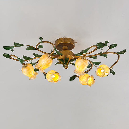 Pomegranate Flower Flushmount Glass Ceiling Light - 6-Head Semi Flush Mount for Dining Room