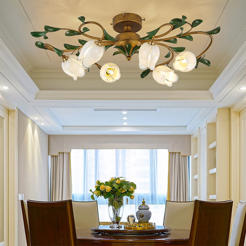 Pastoral Dining Room Glow: 6-Head Glass Pomegranate Flower Semi-Flush Mount Ceiling Light