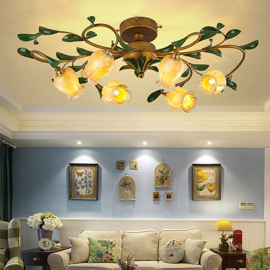 Pastoral Dining Room Glow: 6-Head Glass Pomegranate Flower Semi-Flush Mount Ceiling Light