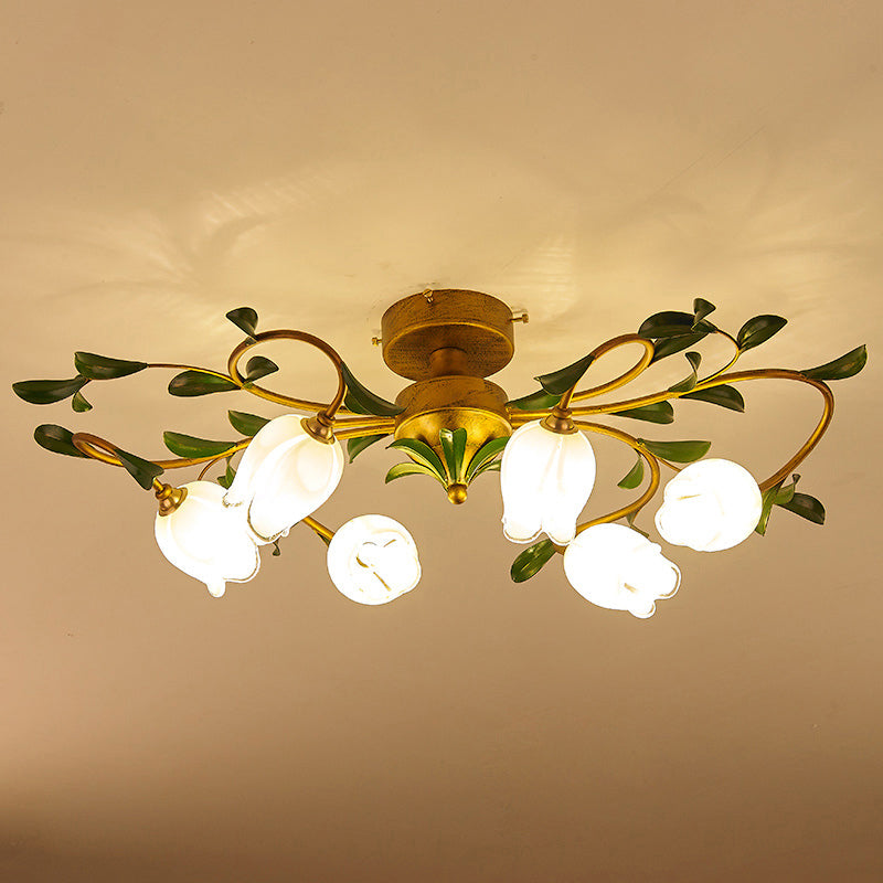 Pastoral Dining Room Glow: 6-Head Glass Pomegranate Flower Semi-Flush Mount Ceiling Light