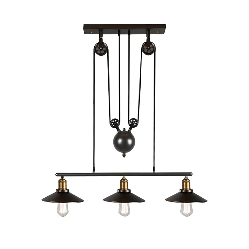 Industrial Black Wide Flare Pulley Pendant Light For Restaurant - 3 Bulb Hanging Island Fixture