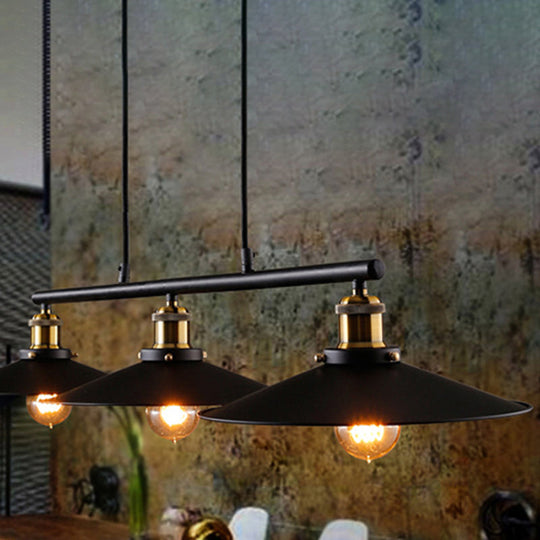 Industrial Black Wide Flare Pulley Pendant Light For Restaurant - 3 Bulb Hanging Island Fixture