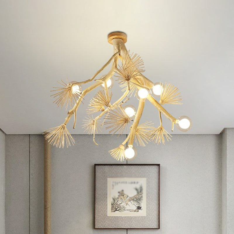 Japanese-Style Wood Tree Branch Ceiling Light: 8-Bulb Metal Semi Flush Mount for Dining Room