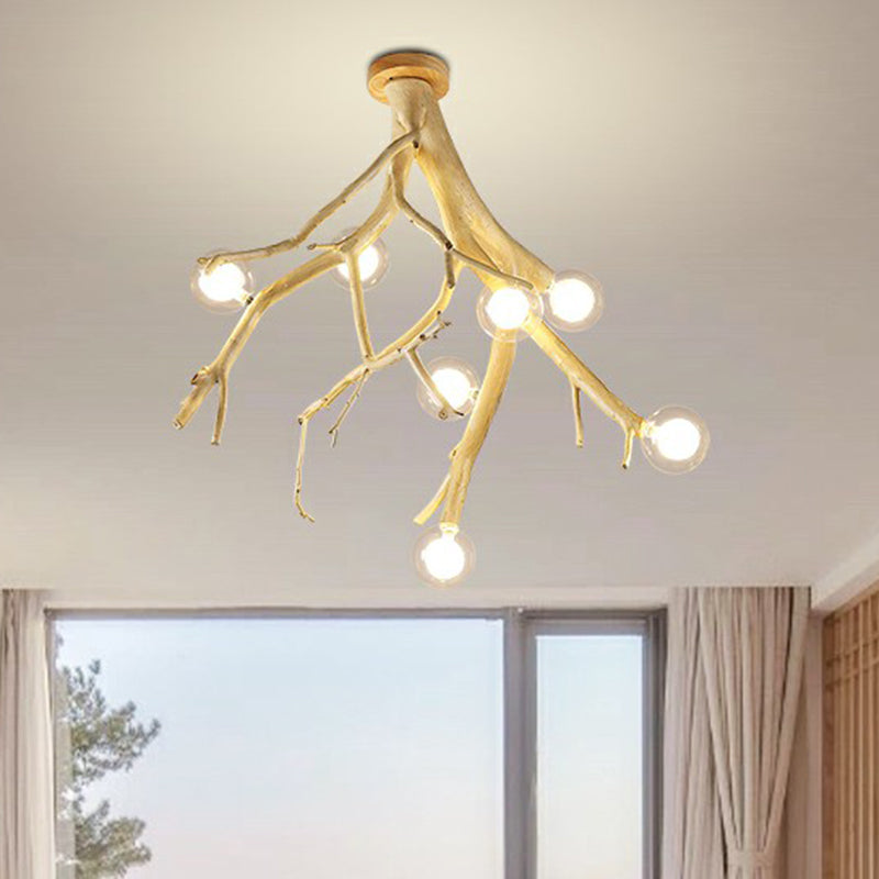 Japanese-Style Wood Tree Branch Ceiling Light: 8-Bulb Metal Semi Flush Mount for Dining Room