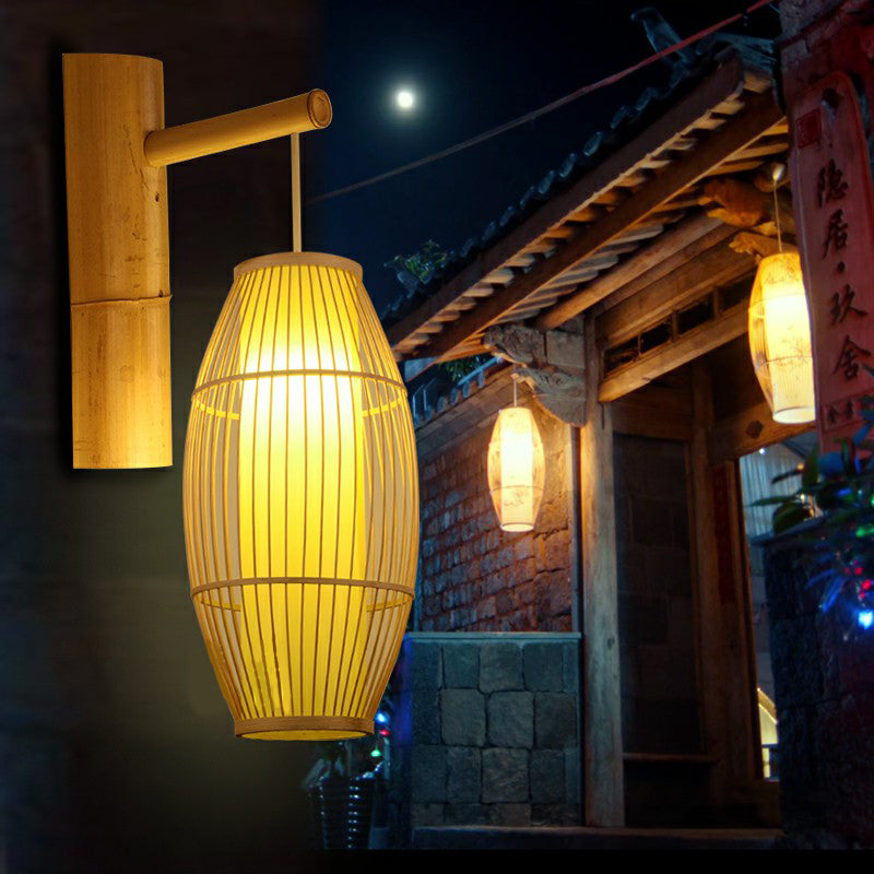 Bamboo Weaving Lantern Wall Sconce - Chinese Style Wood Hanging Light For Corridor