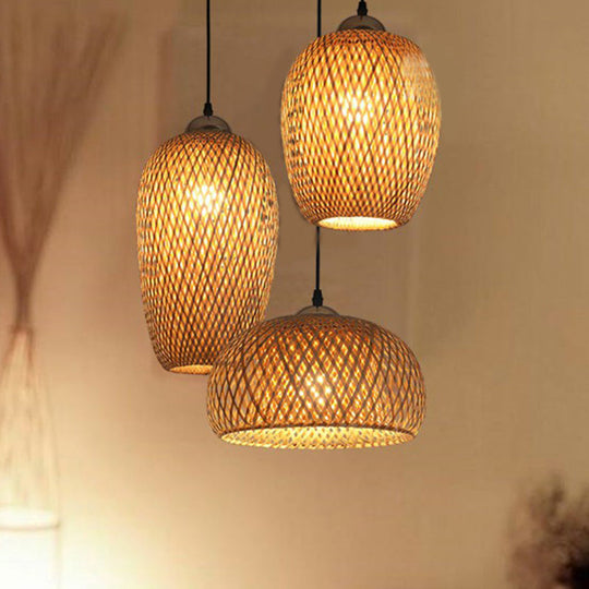 South-East Asia Wood Pendant Light With Handmade Bamboo Shades - Elegant 3-Light Restaurant Hanging