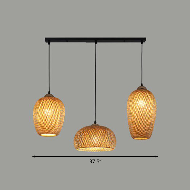 South-East Asian Bamboo Pendant Light with 3 Handmade Shades for Restaurant Ambiance