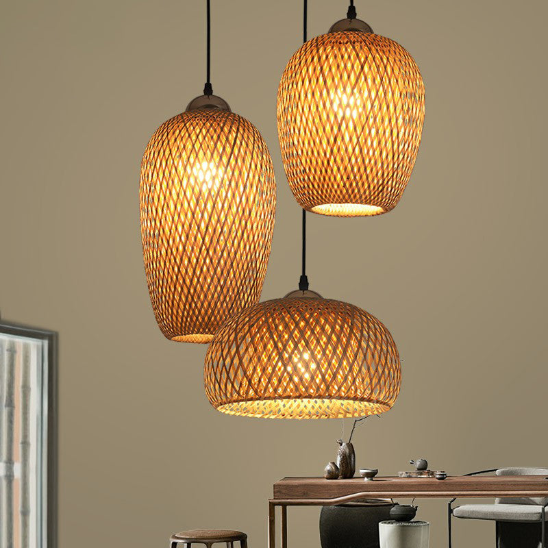 South-East Asian Bamboo Pendant Light with 3 Handmade Shades for Restaurant Ambiance