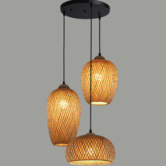 South-East Asian Bamboo Pendant Light with 3 Handmade Shades for Restaurant Ambiance