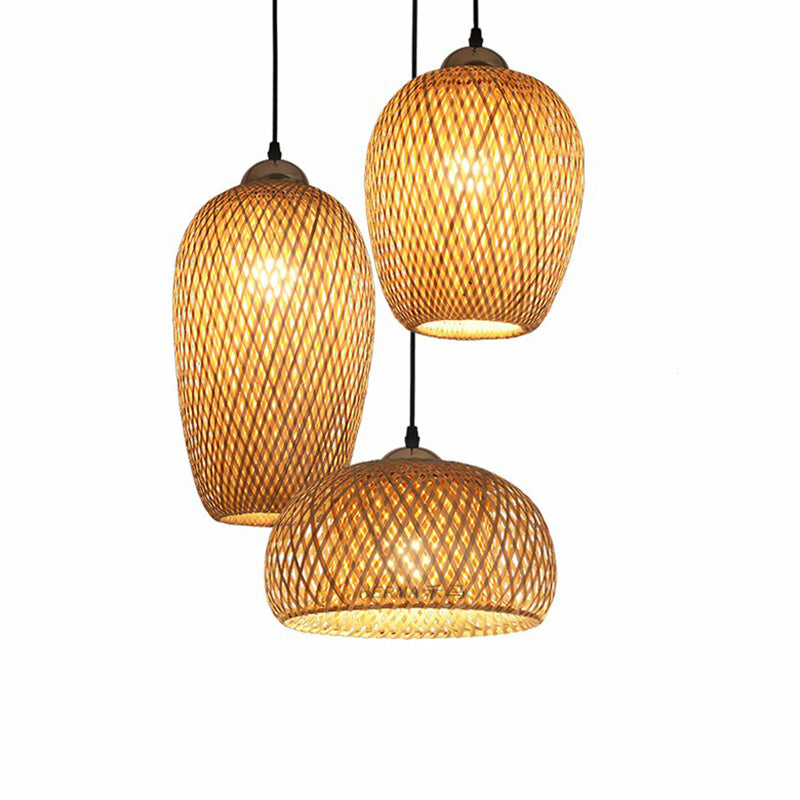 South-East Asian Bamboo Pendant Light with 3 Handmade Shades for Restaurant Ambiance